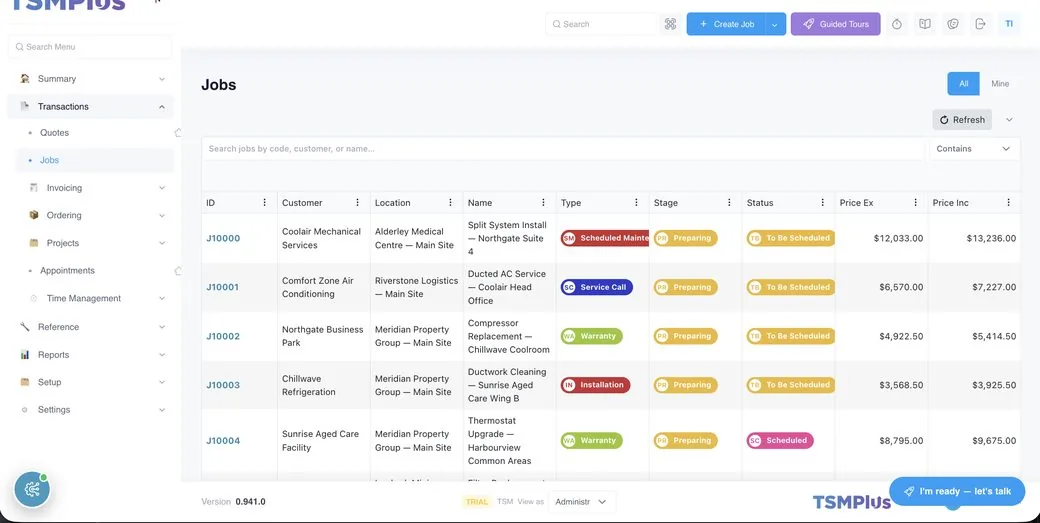 Every job in one place — type, stage, status and value at a glance
