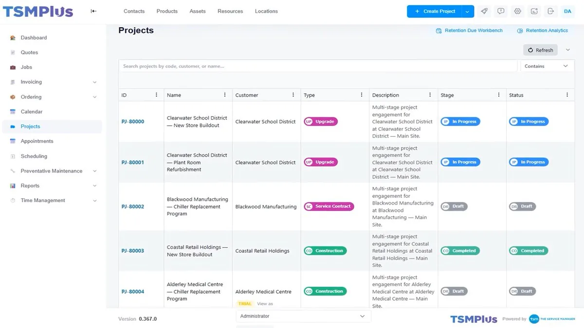 Every project tracked — type, stage, status and retention in one view