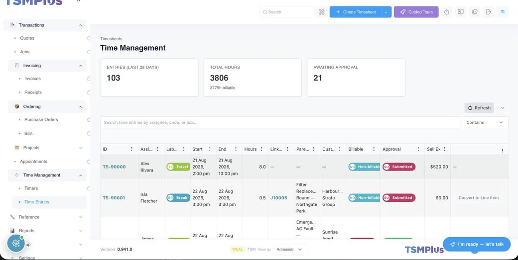 Timesheets and billable hours, captured and approved